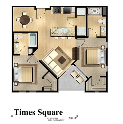 Times Square 2 bed 2 bath 938